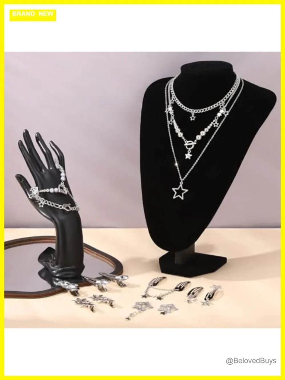 Y2K Silver Alloy Jewelry Set Star Necklace Bracelet Sunglasses Keychain